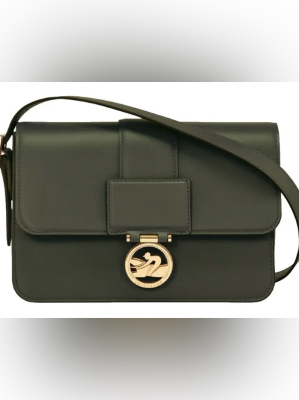 Longchamp Dark Olive Green Trot Box Med Leather Crossbody Bag with Gold Emblem - Picture 2 of 8